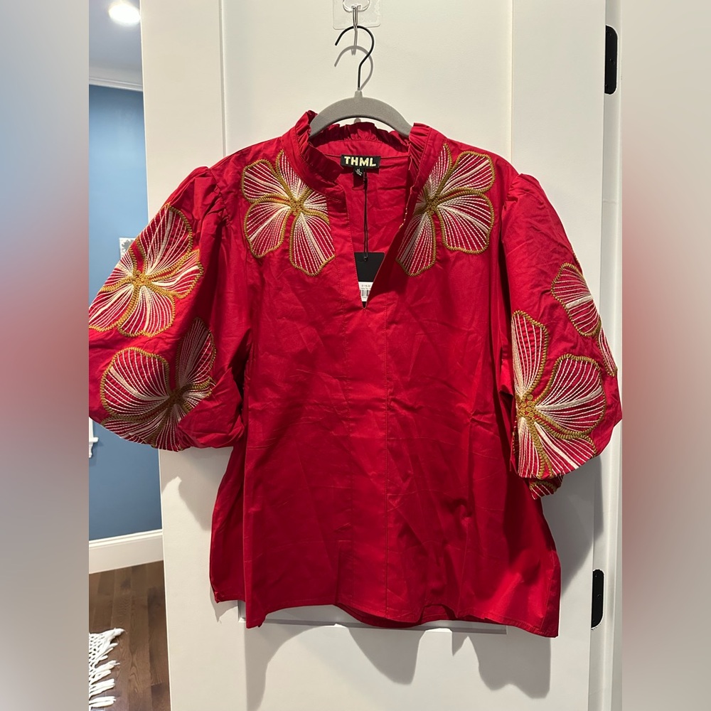 BRAND NEW NEVER WORN - THML Vibrant Red Blouse with Floral Embroidery